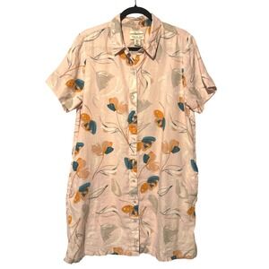 Rachel Zoe 100% Linen Shirt XL Dress Cover Up Pink Floral Button Down‎ ResortEUC